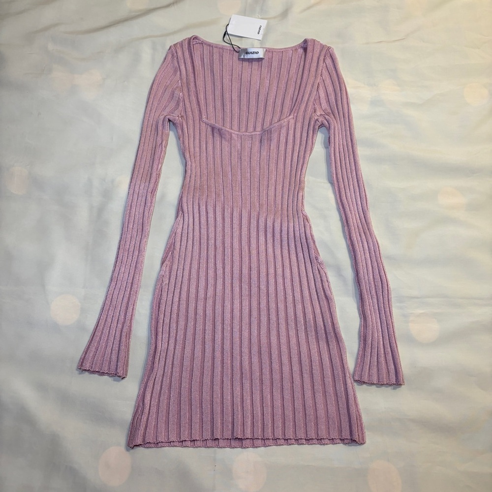 NEW! Guizio- Slinky Rib Mini Dress Cotton Candy Pink Size Large Square Neck - Picture 2 of 8